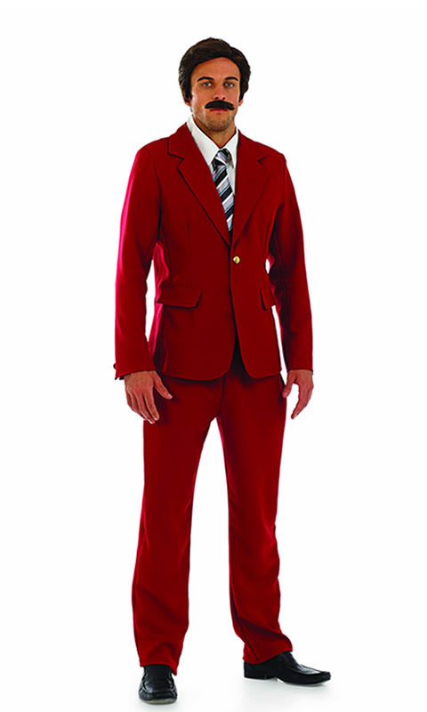 A man in a red vintage news reader suit