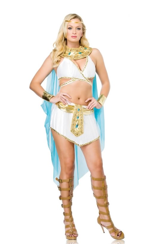 Cleopatra white skirt and bra top with jewelled collar and turquoise sheer cape