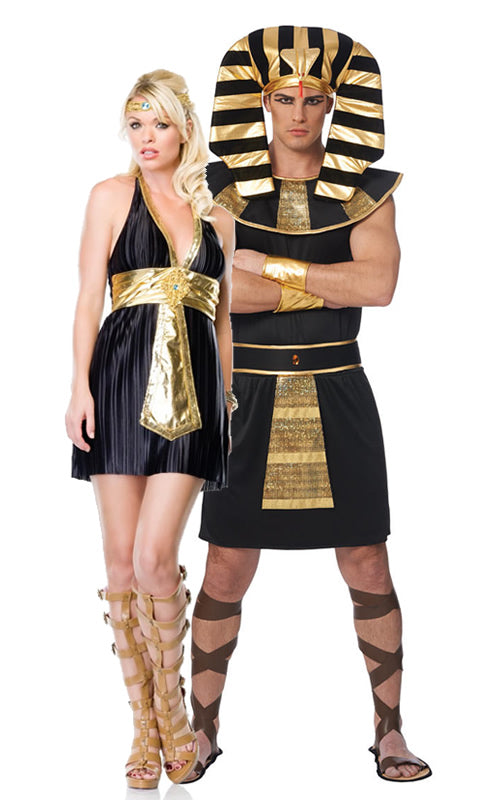 Black and gold halter neck dress with headband, next to Pharaoh