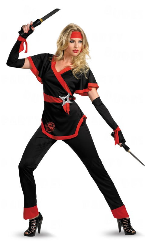 Black and red woman's ninja pants and tope, with headband and gloves