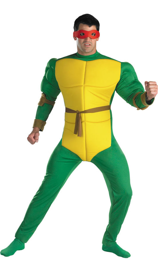 Ninja turtle costume with shell back, red eye mask and shell elbow pads