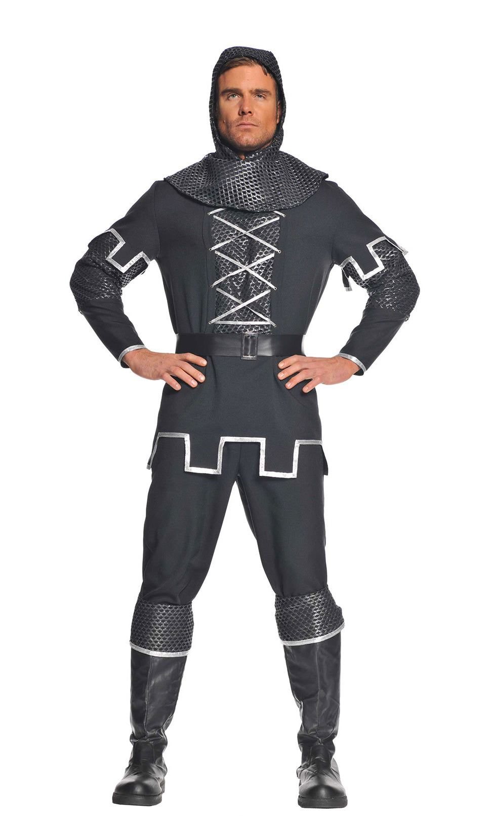 Men's grey and silver knight costume with boot covers and cowl