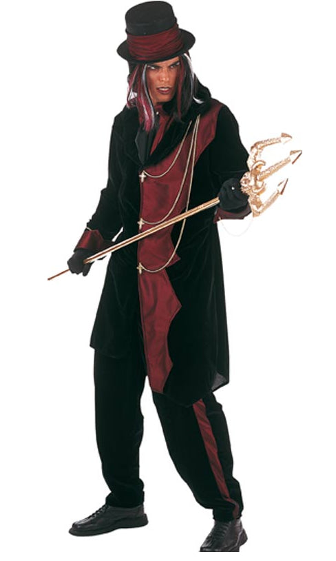 Red and black devil or vampire costume with top hat, scarf, jacket with chains and brooch