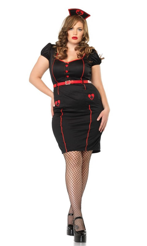 Plus size black nurse costume with red hearts, belt and matching headpiece