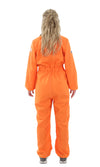Back of woman's orange astronaut jumpsuit