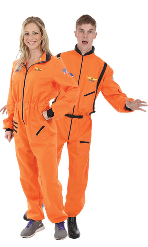 Woman's orange astronaut jumpsuit next to matching partner