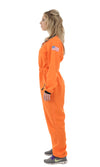Side of woman's orange astronaut jumpsuit