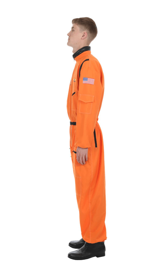 Side of men's orange astronaut jumpsuit with black zips and straps