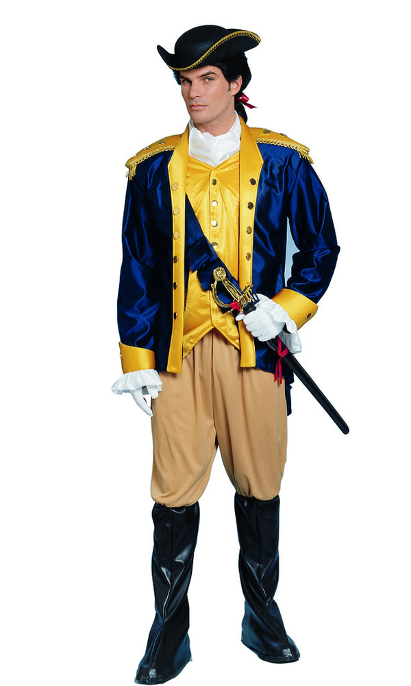 Blue and gold patriot uniform with hat, sash, brown pants and boot covers