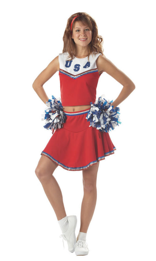 Cheerleader costume in red with skirt, top with USA logo and pompoms