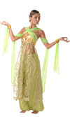 Different view of green belly dancing dress with chiffon bands and harem pants