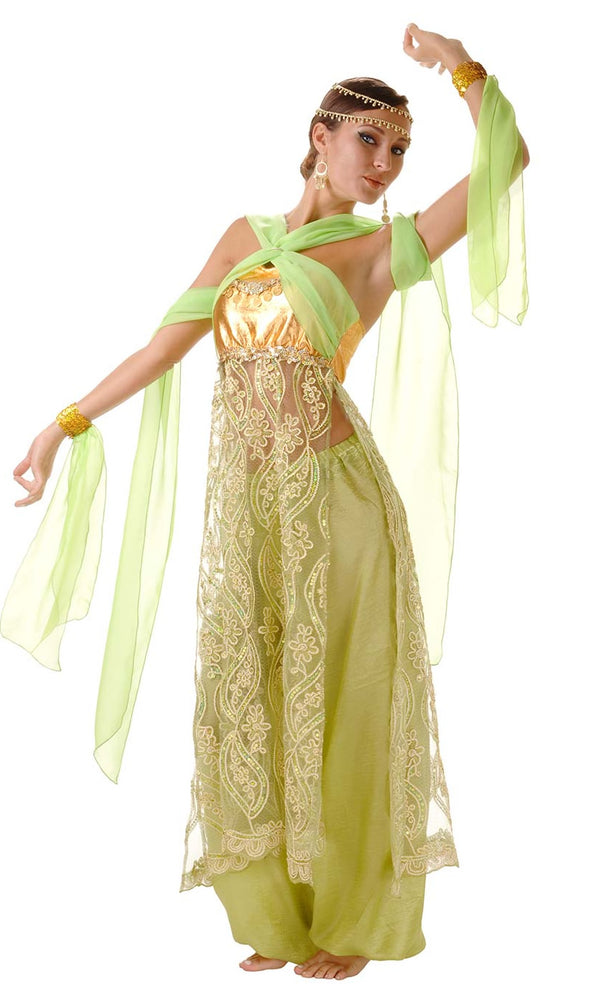 Alternate angle of green belly dancing dress with chiffon bands and harem pants