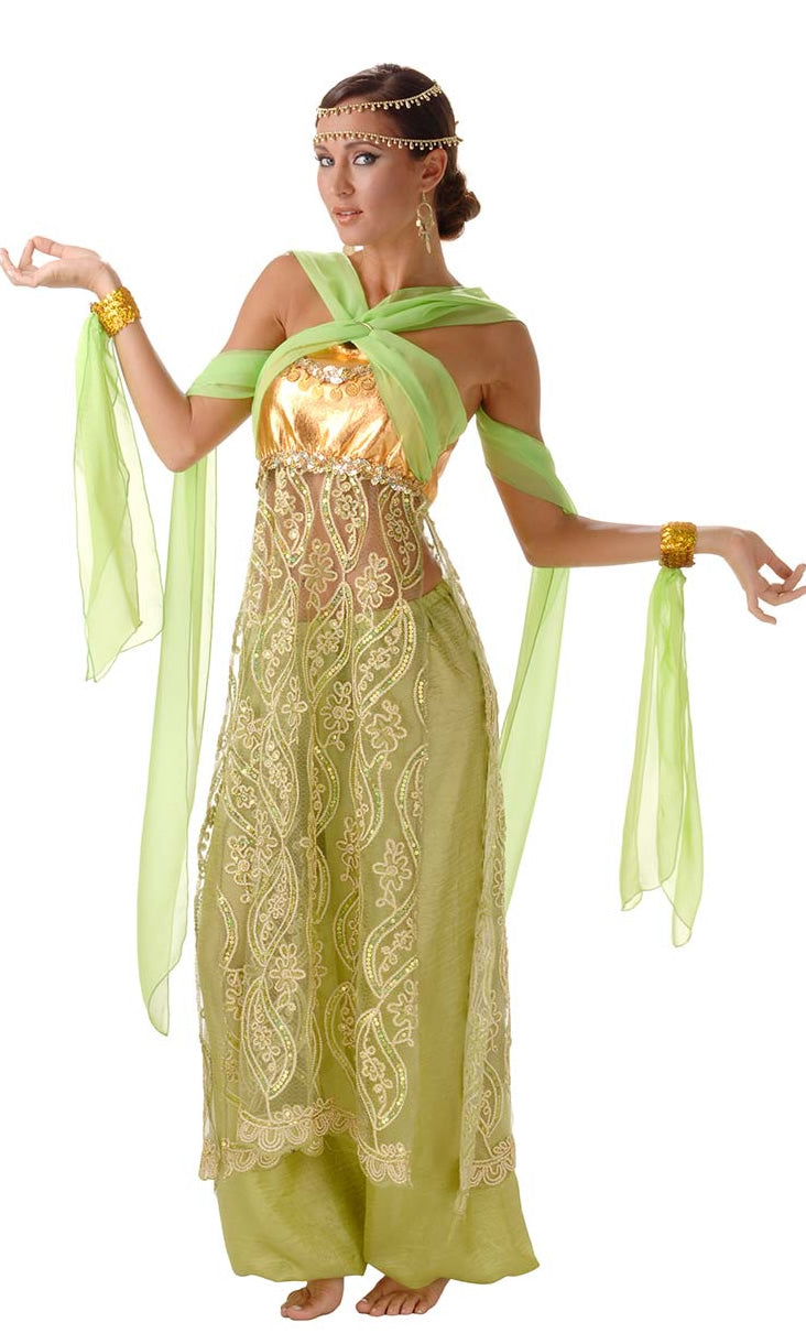 Side view of green belly dancing dress with chiffon bands and harem pants