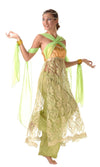 Green belly dancing dress with chiffon bands and harem pants