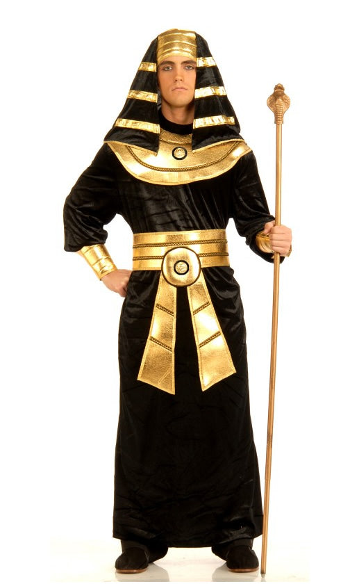 Black and gold pharaoh costume with attached arm cuffs, headpiece and belt with drape