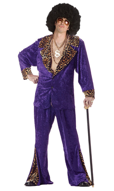 Men's purple plus size pimp costume with leopard print