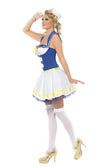 Side of short white and blue sailor halter neck dress with petticoat and hat