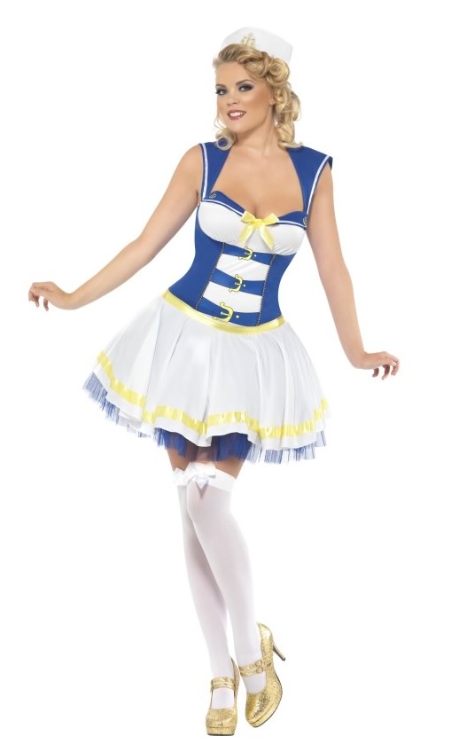 Short white and blue sailor halter neck dress with petticoat and hat