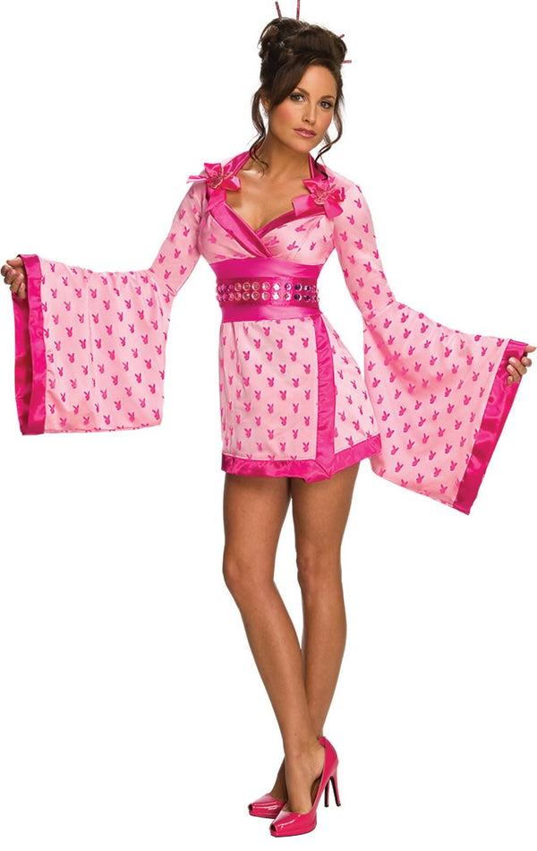 Short pink Kimono dress with Playboy logos, obi sash and headpiece