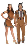 Short brown skirt and top Native American Indian costume with arm and headband, standing with partner