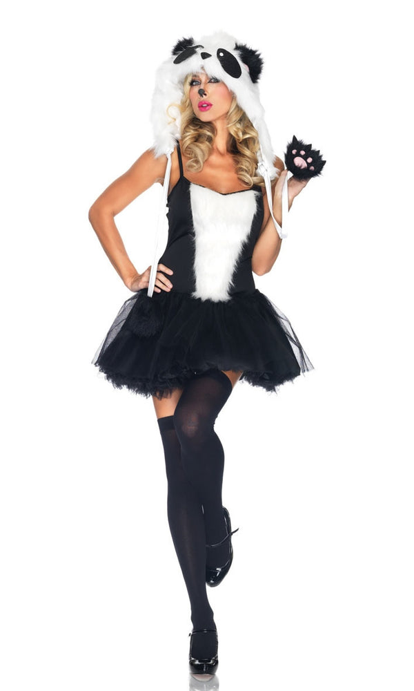 Short black and white panda tutu dress with tail, hood and hanging paws