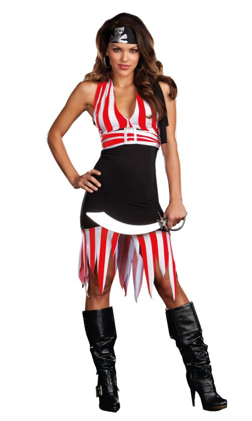 Red and white striped pirate dress with black mid section and pirate headband