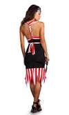 Back of red and white striped pirate dress with black mid section and pirate headband