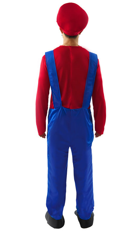 Back of Mario blue jumpsuit with attached red shirt, hat and boot covers