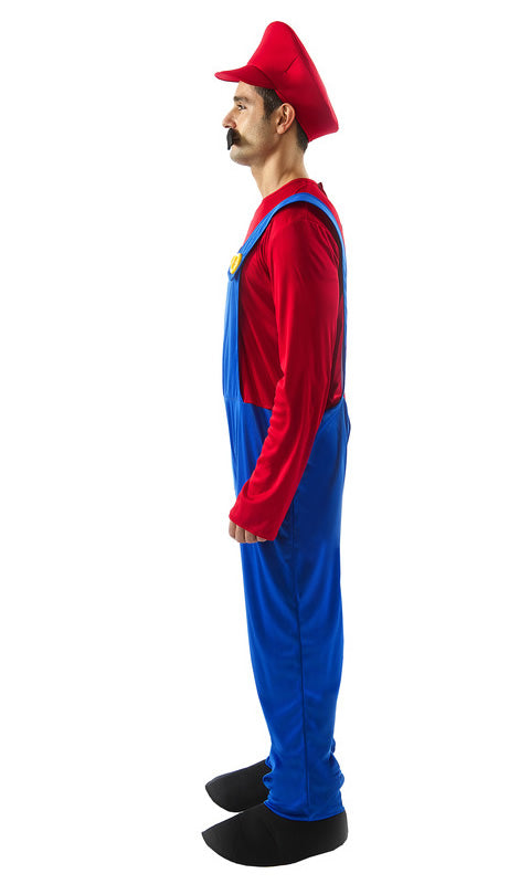 Side of Mario blue jumpsuit with attached red shirt, hat and boot covers