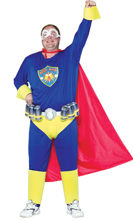 Blue and yellow plus size beer man hero costume with belt, cape and goggles