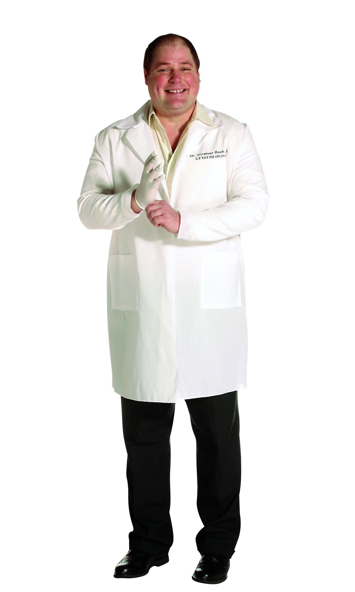 Lab coat named Seymour Bush Gynaecologist, with disposable gloves