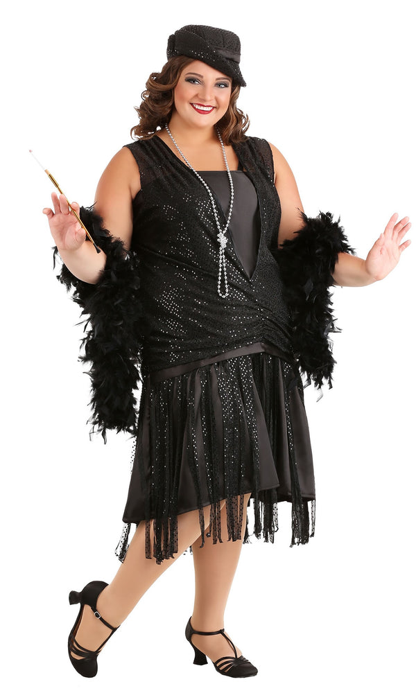Jazz flapper plus size 1920s costume with tassels and hat