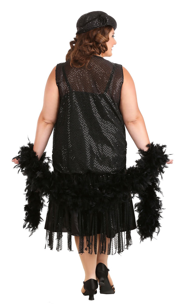 Back of jazz flapper plus size costume with tassels and hat in black