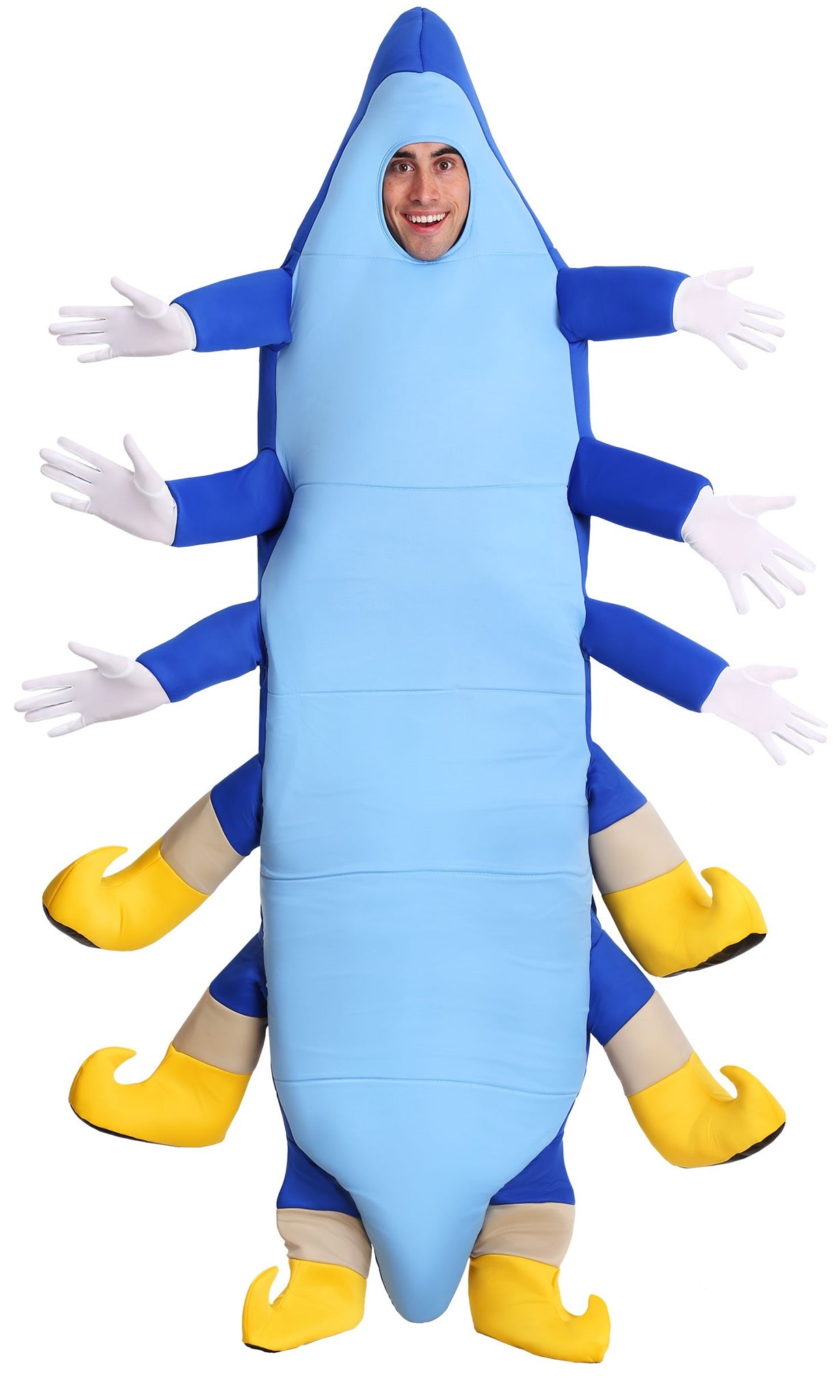 Full body blue caterpillar costume with 12 legs