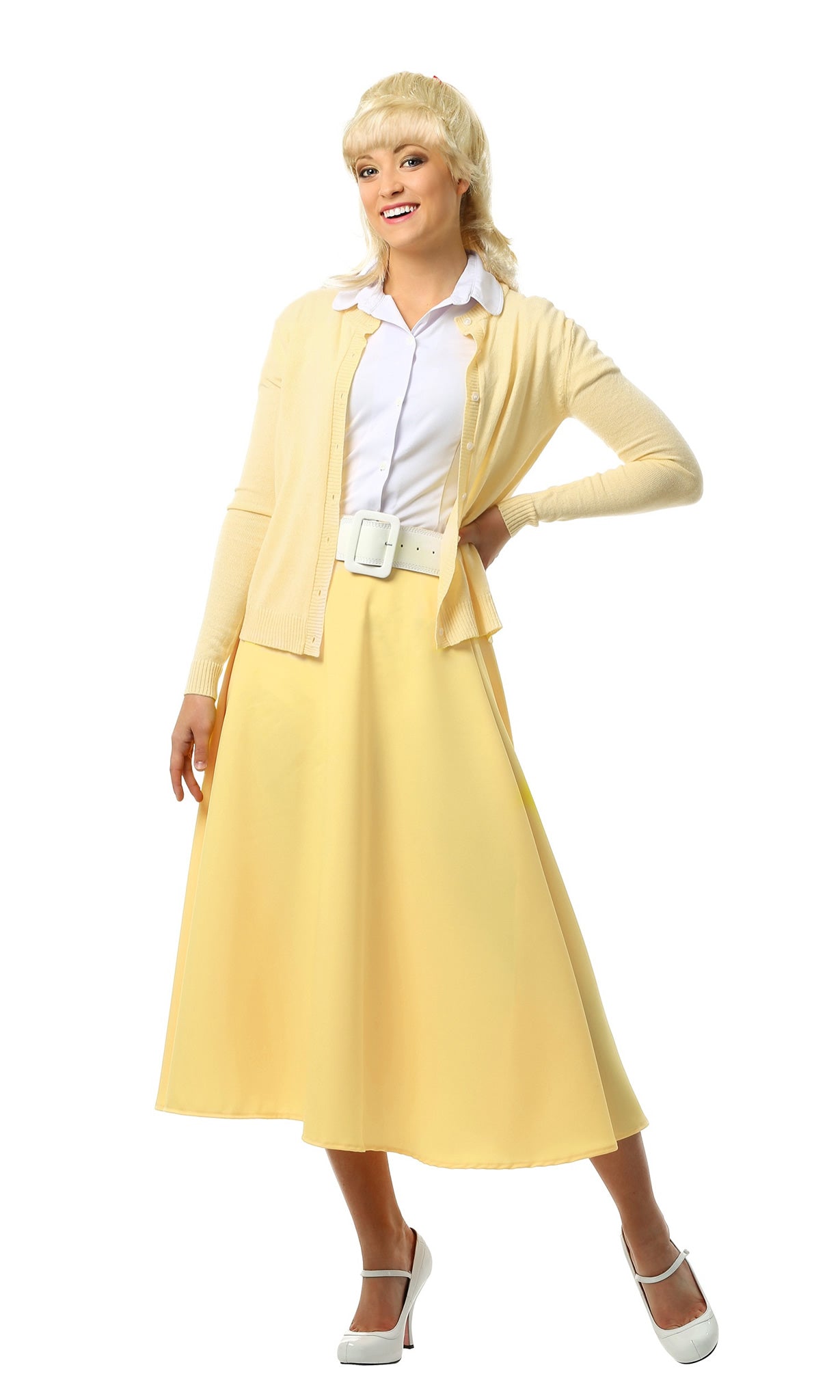 Long yellow Sandy Grease costume with cardigan, shirt and skirt
