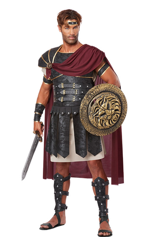 Plus size Roman gladiator costume with cape, wrist guards and headband