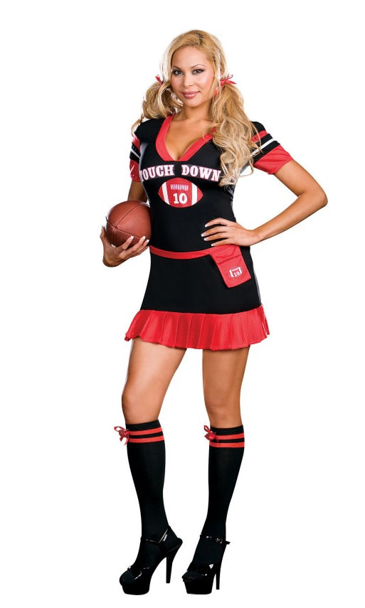 Short black and red plus size football dress with socks, football sock clips and belt