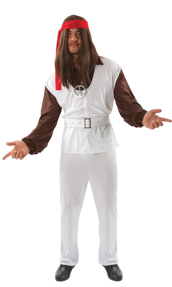 Men's white 60s costume. White vest with attached brown shirt and white pants