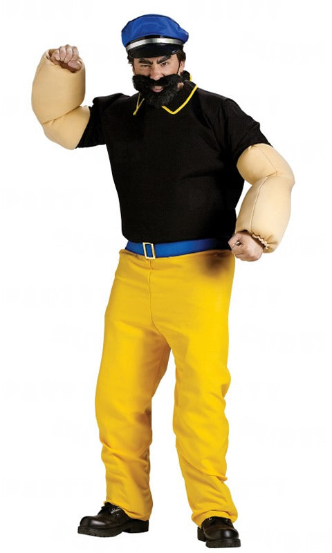 Men's black and yellow Brutus muscle costume from Popeye with blue hat