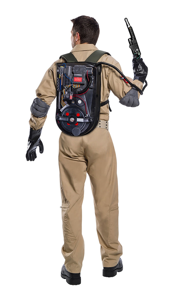 Back view of ghostbusters costume with gloves, and pack with proton wand