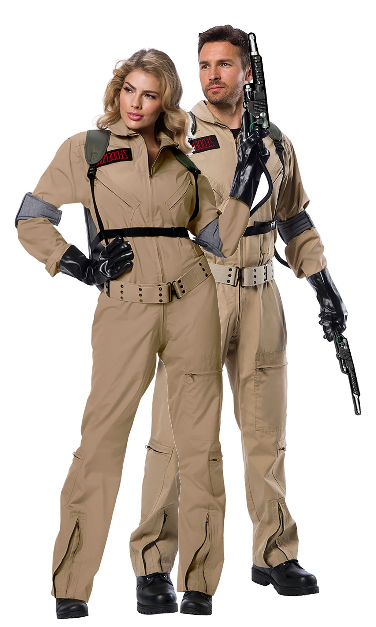 Ghostbusters costume couple with gloves, and pack with proton wand