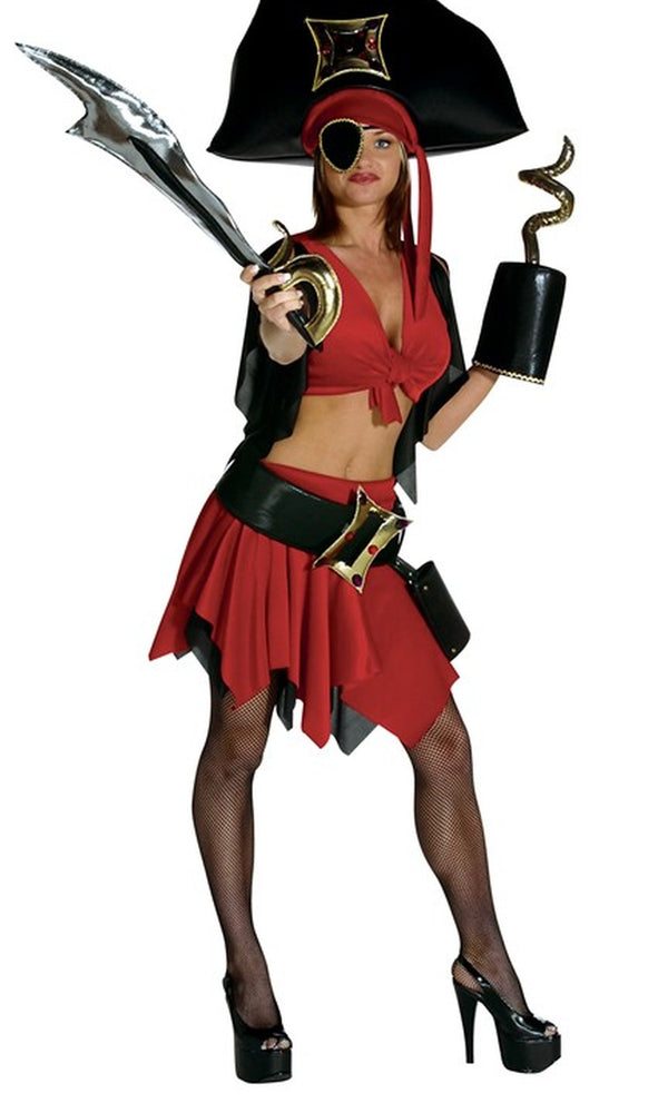 Short red and black pirate costume with oversized hat, sword, hook and eye patch
