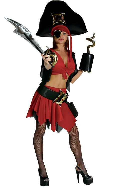 Short red and black pirate costume with oversized hat, sword, hook and eye patch