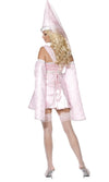 Back of pink princess dress with corset, sleeves, and tall hat with veil