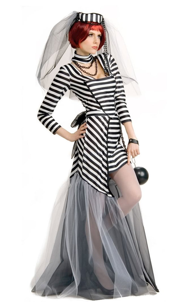 Black and white striped prison bride costume with hat and veil with chain and choker