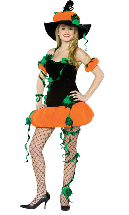 Short orange and black pumpkin witch costume with arm cuffs and garter leg vine