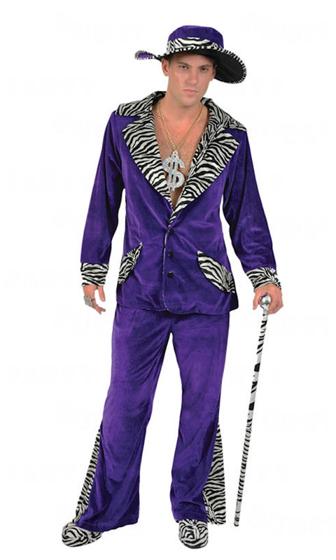 Purple pimp costume with hat and animal stripes