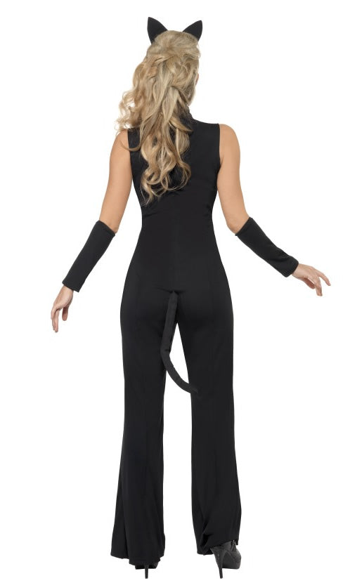 Back of black cat costume with choker, wrist cuffs and attached tail