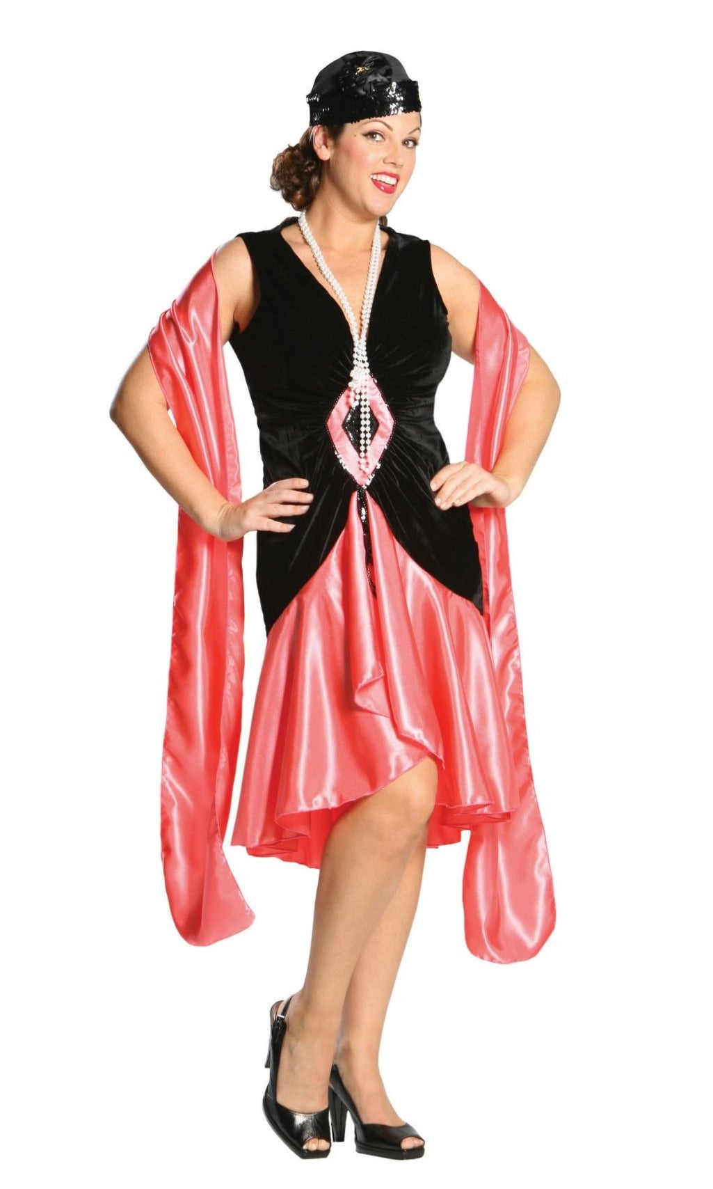 Coral and black Plus size 1920s flapper dress with hat and necklace