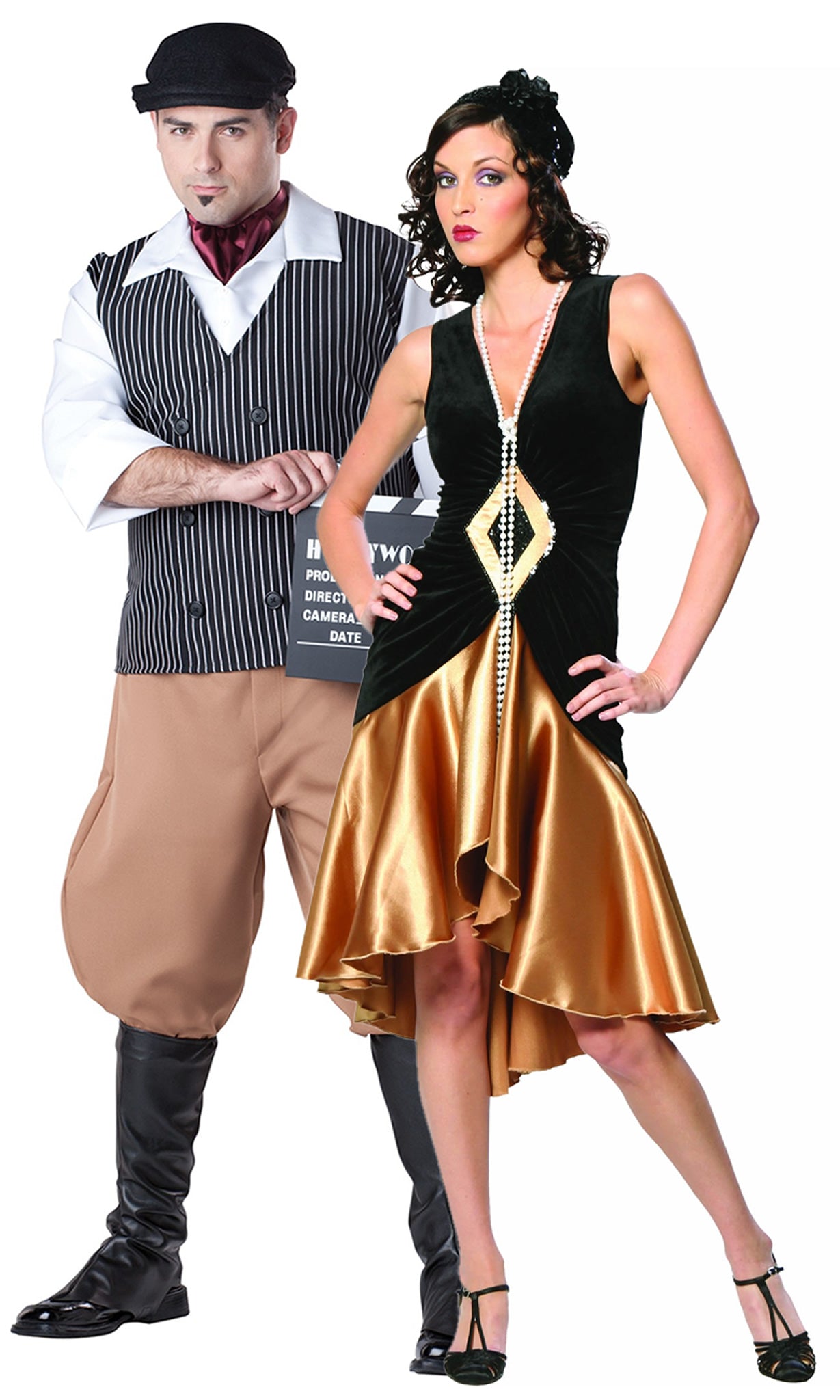 Gold and black 1920s flapper dress with hat next to director